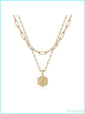 14K Gold Plated Layering Initial Necklace Set Hexagon Pendant Dainty Women